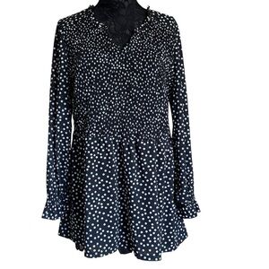 Lane Bryant Black and White Polka Dot Sheer Smocked Gathered V-Neck Top
